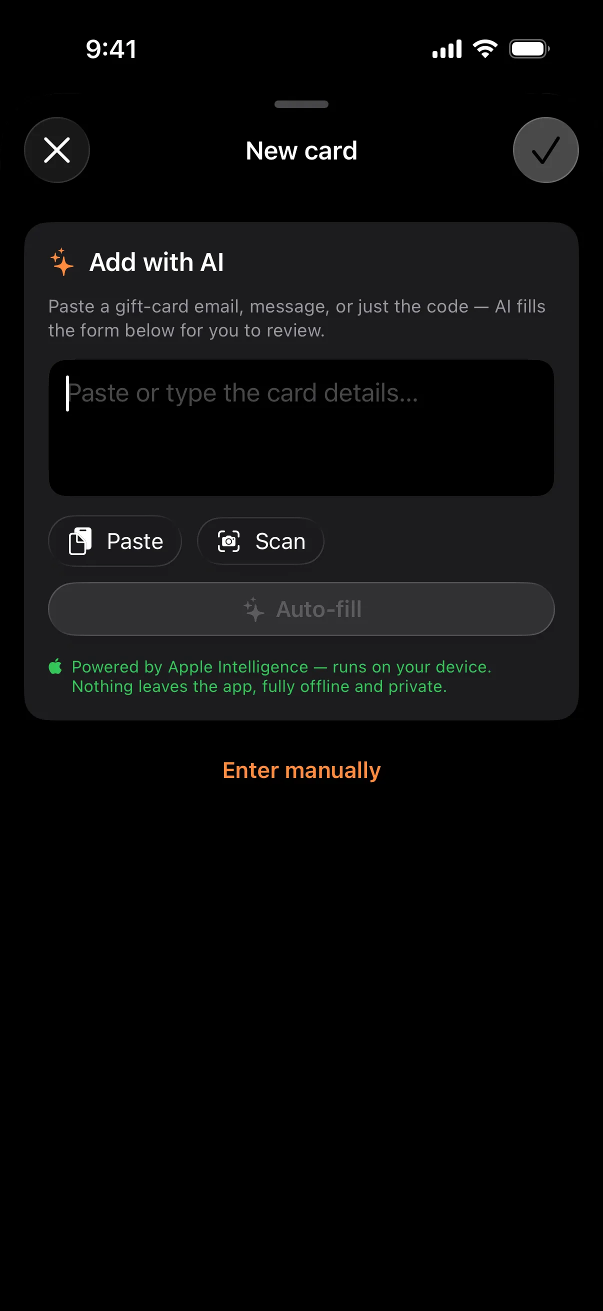 Add a card in seconds — privately — Couponé